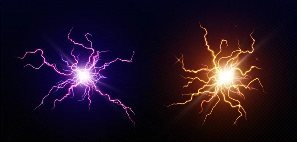 Boules Foudre Boulon Énergie Électrique Étincelle Violette Jaune Éclairs Impact — Image vectorielle