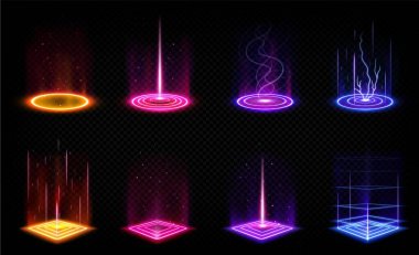 Futuristic digital portals with neon glow and hologram effect. Magic circle and square podiums, fantasy teleport platforms with color light beams and sparkles, vector realistic set clipart