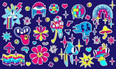 Retro y2k tarzında saykodelik çıkartmalar. Mantar, kafatası, çiçek, gökkuşağı, bayrak ve ağız içeren asit yamalarını geri çek, arka planda izole edilmiş vektör karikatürü