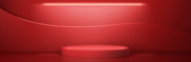 Kırmızı yuvarlak podyum, platform ya da sahne. Sergi ya da ekran ürünleri için boş 3D daire, kırmızı duvarlı stüdyo sahnesi, zemin ve lamba, vektör gerçekçi illüstrasyon