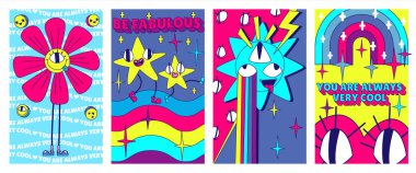 Y2k geçmişe dönük el ilanları, garip karakterler, çiçekler ve gökkuşağı yıldızları. Modayı takip eden psikedelik tarzda gerçeküstü siber punk vektör çizimi. Sloganı olan soyut motivasyon posterleri tasarımı