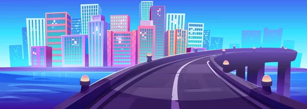 stock vector City skyline view from bridge over sea bay, empty road with metropolis cityscape with skyscraper buildings, modern urban architecture. House towers under blue clear sky, Cartoon vector illustration