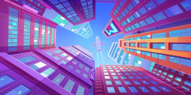 Gökdelenlerin üzerinde uçan uçak mavi gökyüzüne karşı alçak açılı görüş şehir kulelerinin cam pencerelerine yansıyor. Yüksek binaların üstündeki düzlem, yükselen şehir mimarisi, Çizgi film vektör çizimi