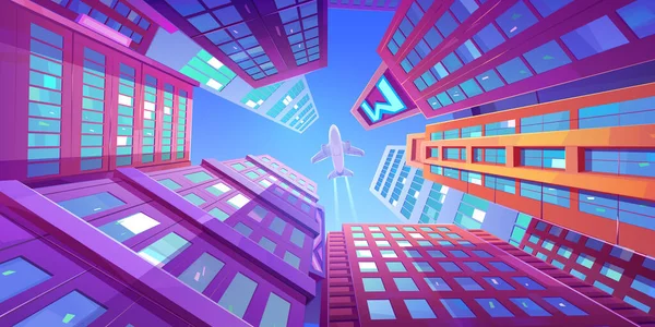 高層ビルの上を飛ぶ飛行機青い空に対する低角度ビューは 都市の塔のガラス窓に反映されます 高層ビルの上の平面 高層都市建築 漫画のベクトル図 — ストックベクタ