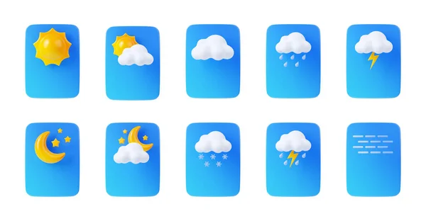 3d render weather app icons, widget interface elements isolated set. Web or mobile application ui design. Sun, fog, cloud, rain, lightning and snow, day or night cartoon illustration in plastic style