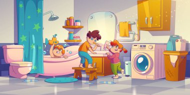 Çocuklar banyoda, küçük çocuklar sabun köpükleri ve oyuncaklarla küvette yıkıyorlar, dişlerini fırçalıyorlar, hijyen prosedürleri uyguluyorlar, uyumadan önce günlük aile karakterleri, çizgi film vektör çizimleri.