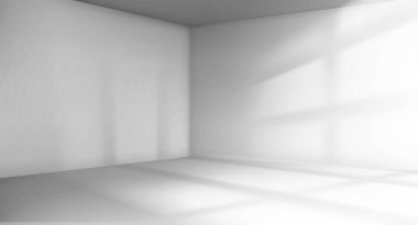 Pencereden gelen güneş ışığı gölgesiyle dolu bir oda. Beyaz duvarları, zemini ve tavanı olan boş bir iç mekan. Hall, 3D apartman arka planı, güneş ışığı perspektifi görüşü, gerçekçi 3D vektör illüstrasyonu