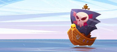 Sabah denizde korsan gemisi. Direkli ahşap teknesi, çapası ve kafatasıyla siyah yelkeni olan okyanus manzarası. Korsan yelkenli deniz pelerini, vektör karikatür çizimi