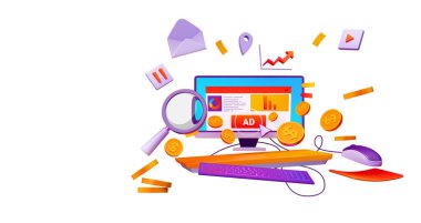 PCS yönetim simgesinin üç boyutlu illüstrasyonu beyaz arkaplanda izole edildi. Ekranda reklam planlama yazılımı olan masaüstü bilgisayarı, uçan altın paralar, büyüteç, oklar ve posta