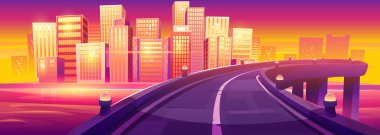 Nehrin karşısındaki karayolu köprüsü ile sabah manzarası. Altın gün doğumunun ya da günbatımının karikatür vektör çizimi modern şehir gökdelenlerinin cam pencerelerine yansıyor göl ya da deniz kıyısında