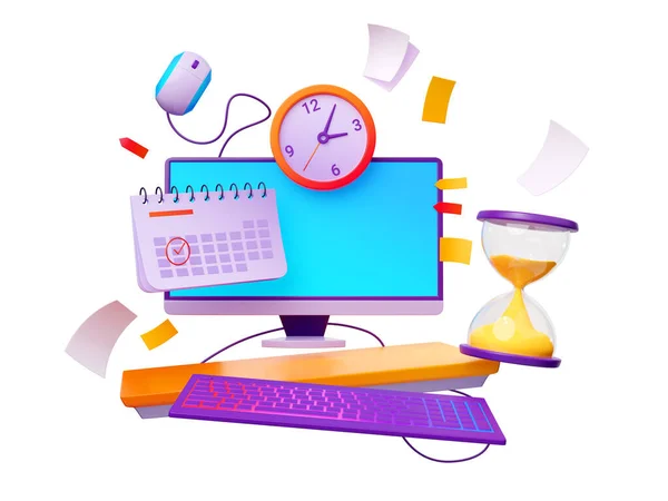 仕事の締め切りの概念 白い背景に隔離された赤いチェックマーク 砂時計やメモ用紙とカレンダーにマークされたデスクトップコンピュータ 日付の3Dイラスト 忙しいスケジュールだ 時間管理 — ストック写真
