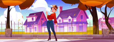 Mutlu genç bir kadın, gülerek ve el sallayarak, kendi evinin yanındaki Autumn Caddesi 'nde duruyor. Kadın karakterin karikatür vektör çizimi. Hoş geldin jesti, dost canlısı komşu. Banliyö yaşam tarzı
