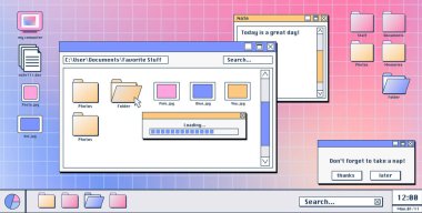 Computer screen with 90s retro software windows open on desktop. Vector illustration of folder, file, document, loading progress bar icons and pop-up notifications. Vaporwave user interface design clipart