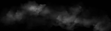 Duman, sis, siyah arkaplanda beyaz bulutlar. Gerçekçi bulutlu doku, ürkütücü sis, sis, sis, cennet, soyut doğal bulutlu buharlaşma efekti, yatay arkaplan, vektör illüstrasyonu