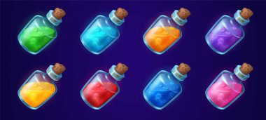 Çizgi film setinde arka planda renkli sihirli iksirleri olan cam şişeler var. Kırmızı, mavi, sarı, yeşil, pembe, mor sıvılı kavanozların vektör çizimi. Oyun malzemeleri koleksiyonu