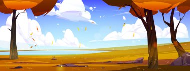 Sonbaharda göl, ağaçlar, portakal çimenli çayırlar ve taşlarla kaplı kırsal alanlar. Doğa manzarası, sonbaharda tarlaları, nehirleri ve ağaçları olan kırsal alan, vektör karikatür çizimi