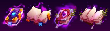 Mücevherli, altın ve gümüş kapaklı ve gizemli parlayan eski büyü kitapları. Fantezi oyun öğeleri açık ve kapalı sihirbaz veya cadı kitapları, vektör çizgi film illüstrasyonu