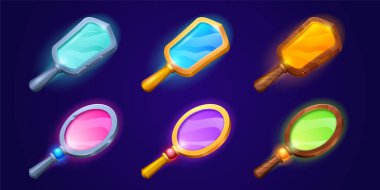 Tahta, gümüş ve altın çerçeveli sihirli el aynaları. Renkli yansımalı masal aynaları, metal, altın ve ahşap kenarı, vektör karikatür çizimi