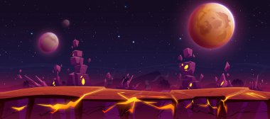 Tehlikeli yabancı gezegen yüzeyi, kayalık yüzeyi, çatlaklarda sıcak lavlar, gezegenler ve yıldızlarla kaplı karanlık uzay arka planına karşı taş yığınları. Çizgi film vektör çizimi. Macera oyun platformu