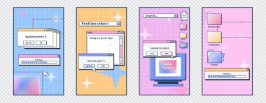 İleti çerçeveleri, çubuklar, düğmeler ve dizinler ile birlikte eski masaüstü bilgisayar arayüzü ile sosyal medya posterleri şablon oluşturur. Eski pc ekran düzeni, vektör karikatür kümesi