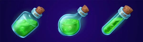 Cartoon Set Glass Bottles Green Magic Potions Isolated Dark Background — Stock Vector