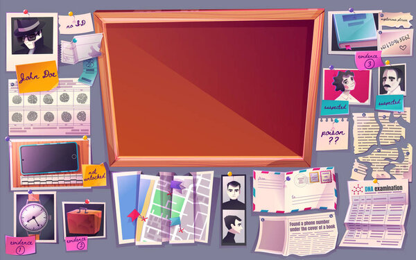Empty detective board and evidences. Police investigation, crime research. Cork pinboard, photo of suspect people, map with pins, fingerprints and newspapers, vector cartoon set