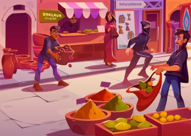 Scene on arabic market with thief run off, scared woman and man drops fruits from basket on road. Egyptian bazaar with surprised people and guy in mask with gold ring, vector cartoon illustration clipart