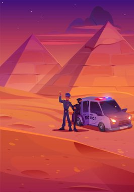 Polis Mısır 'da çölde hırsızı yakaladı. Piramitlerle Afrika kum çölü manzarası, polis arabası ve akşam mezar soyguncusunu tutuklayan memur, vektör karikatür çizimi