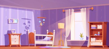 Bebek odası, yatak odası, mobilya, halı, lamba ve pencereli perdeler. Bebek oyuncakları ve beşiği olan içi boş bir çocuk odası, vektör karikatür çizimi