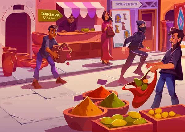 泥棒とアラビア市場でのシーンがオフに実行され 怖い女性と男は道路上のバスケットから果物をドロップします エジプトのバザールとともに驚きの人々と男でマスクゴールドリング ベクトル漫画イラスト — ストックベクタ