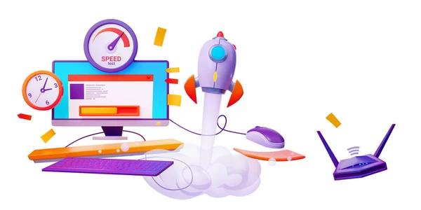 3D illustration of desktop computer with web page, speedometer and clock icons, rocket launch and wi-fi router isolated on white background. Website loading speed test. Internet traffic optimization