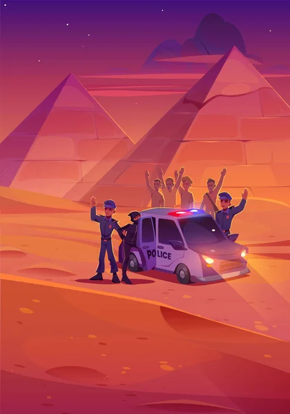 在埃及的沙漠里 警察抓住了小偷 非洲沙漠景观与金字塔 警车和警官在晚上逮捕盗墓贼 病媒卡通画 — 图库矢量图片