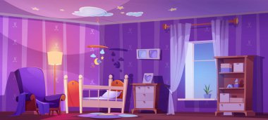 Bebek odası, karyola yatağı, sandalye, yer lambası ve gece gezici oyuncaklar. Boş yatak odası içinde beşik, penceresinde perdeler, halı ve koltuk, vektör karikatür çizimi