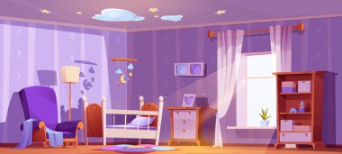 Beşiği, oyuncakları ve koltuğu olan bir bebek odası tasarımı. Bebek odasının karikatür çizimi yatak, lamba, şifonyer, yerde halı, duvarda mor çerçeveler, pencerede sabah ışığı