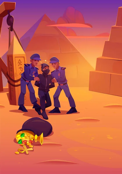 警察在埃及沙漠逮捕了一个塞满财宝的盗墓贼 卡通人物图片说明警察用黑色衣服抓住男性罪犯 用古老的金字塔描绘沙漠景观 — 图库矢量图片