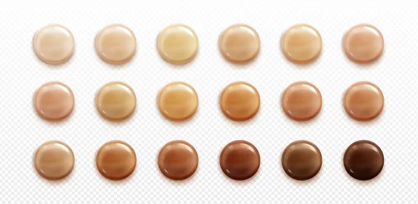 チョコレートのファンデーションにベージュまたは透明な背景に孤立したドロップペイント 自然な肌の色の低トーン クリーミーな質感の光沢のある液滴の現実的なベクトルイラスト 化粧品パレット — ストックベクタ