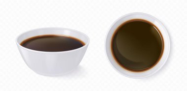 Soya soslu gerçekçi beyaz kase ya da şeffaf arka planda izole edilmiş balzamik sirke. Çin mutfağı çeşnili ve tuzlu baharatlı porselen tabaklar.