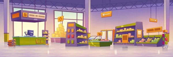 Szupermarket Belső Kialakítás Kortárs Vektor Illusztrációja Modern Bevásárlóközpont Étellel Italok — Stock Vector