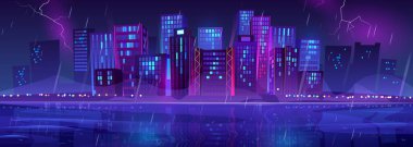 Göl kıyısındaki ya da kıyısındaki gece yağmurlu şehir silueti manzarası, parlak sokak lambaları, neon ışıklı gökdelen binaları olan metropol şehir manzarası, rstorm içindeki kentsel deniz mimarisi. Çizgi film vektör illüstrasyonu