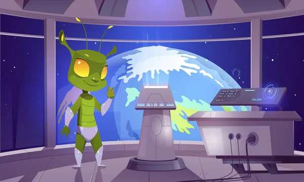 地球に接近する宇宙船に乗って漫画のエイリアン 面白い緑のヒューマノイド生物のベクトルイラストは 未来的な技術装置でUfoの中にこんにちは手を振る 宇宙侵略ゲームデザイン — ストックベクタ