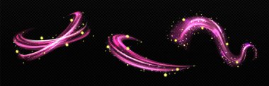 Sihirli ışık efekti, pembe hava ya da parlak yıldızlı rüzgar akışı. Parlak girdap izi, şeffaf arka planda izole edilmiş kıvılcımlı rüya gücü hareketi, gerçekçi 3d vektör illüstrasyonu