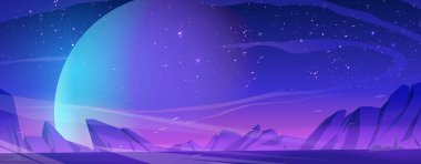 Mars yüzeyi, kum veya toz fırtınalı yabancı gezegen manzarası. Çizgi film arka planı boş kayalar, büyük ay küresi ve karanlık gece gökyüzünde parlayan yıldızlar. Alan Arkaplan Vektörü illüstrasyonu