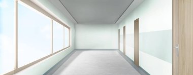Boş koridor, 3D hastane, klinik, geniş pencereli ve yan manzaralı ofis salonu. Modern koğuş, medikal titizlik, tavanda lambalar olan ışık odası, gerçekçi vektör taklidi p