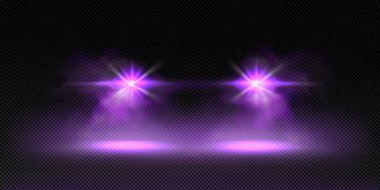 Front car lights in fog at night. Automobile led headlights effect with purple flare, rays, glow and mist isolated on transparent background, vector realistic illustration