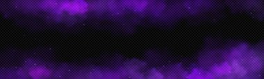 Magic smoke clouds, fog or powder splash effect. Abstract background with frame of purple mist, smog or dust clouds with particles, vector realistic illustration