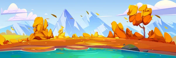 Mountain autumn valley scene with lake. Nature panorama, fall landscape with river, meadows with orange grass and peaks, hills and rocks on horizon, vector cartoon illustration