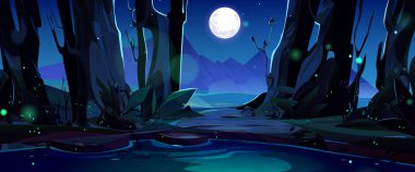 Mountain night valley scene with lake under full moon, glowworm. Nature panorama, dark landscape with river, meadow with grass glade and peaks, hills and rocks on horizon, vector cartoon illustration
