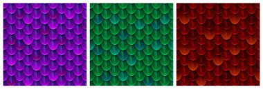 Textures of dragon scale, snake skin. Seamless patterns of purple, green and red squama of fish, mermaid, reptile or fantasy monster, vector cartoon illustration