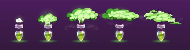 Potion bottle with puff cloud animation set isolated on background. Vector cartoon illustration of glass flasks or test tube with magic green elixir, explosion or evaporation gas effect
