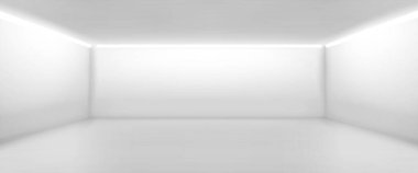 Empty room with white walls inside. Perspective view of modern office or gallery hall interior with ceiling lamps. Abstract white box inside, vector realistic illustration